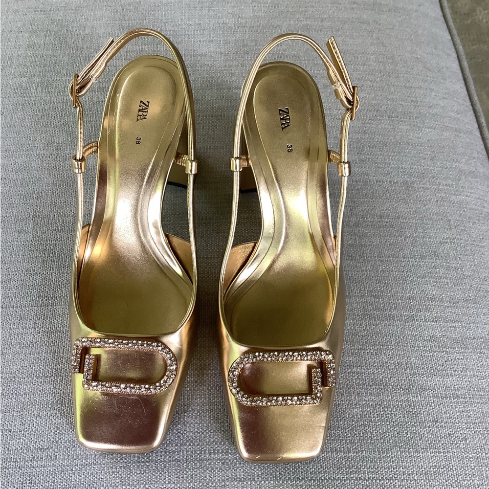 Zara Gold Square Toe Slingback Heels
